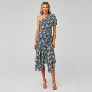 Astr Santorini one shoulder midi dress in blue and green floral print size M